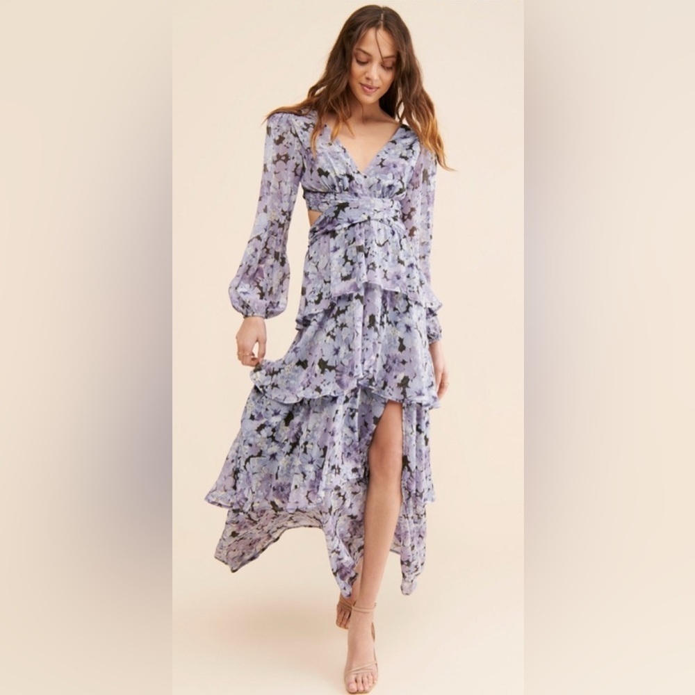 ASTR the Label Anora Purple Floral Tiered Maxi Cut-out Back Long Sleeve Dress XS